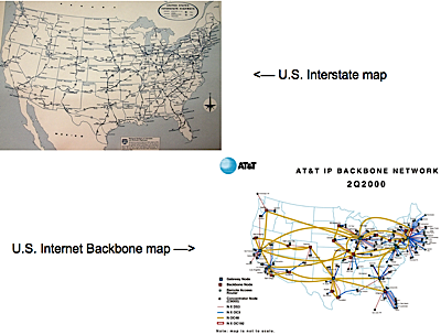 United States road map and map of the internet backbone in the US